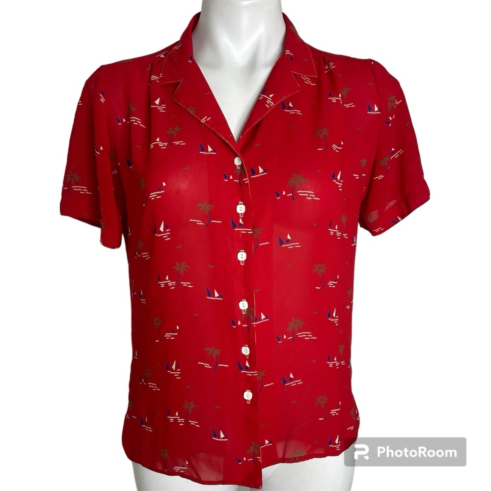 Vintage Campus Casuals of California Blouse 9 Red Sailboat Palm Trees S/S